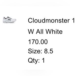 ON CLOUDMONSTER Women’s 8.5 White w/Black
